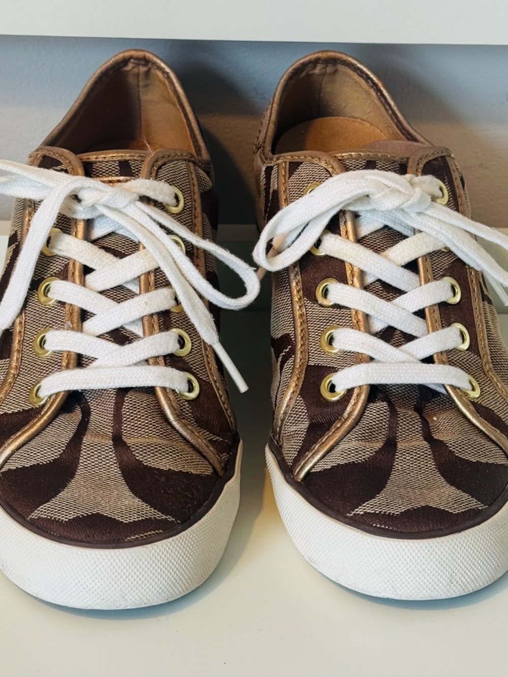 Coach Brown and Tan Logo Sneakers Gold Accents Women’s Size 7B Final price
